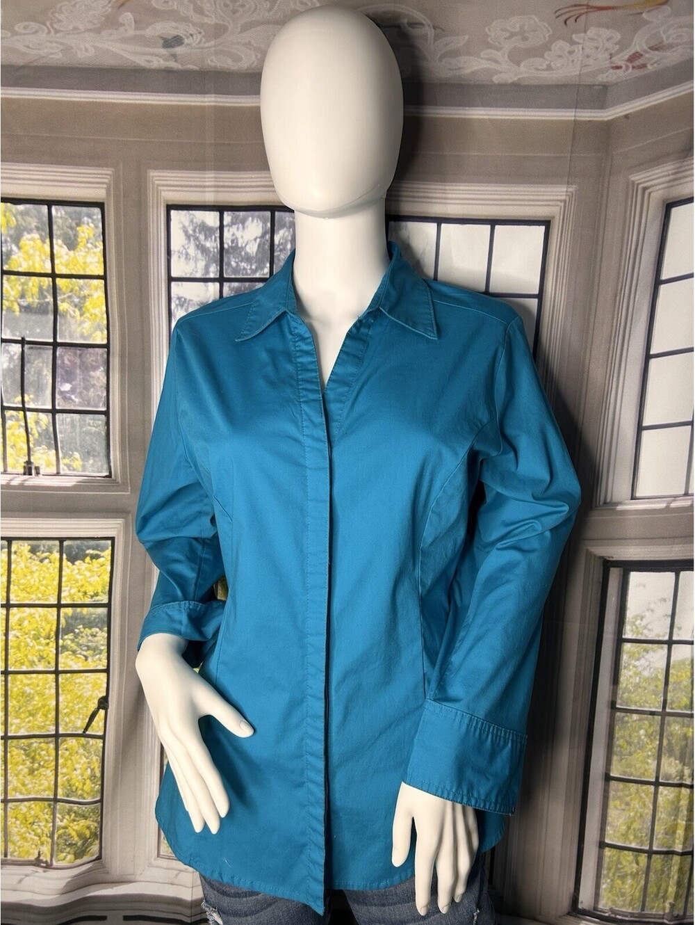Women’s Teal Button Up Blouse Large Stretch Cotton Career Shirt Long Sleeve